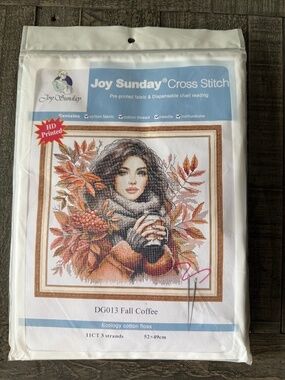 Fall Coffee Woman Pre-Printed Joy Sunday Cross Stitch Kit 11ct Aida - NEW